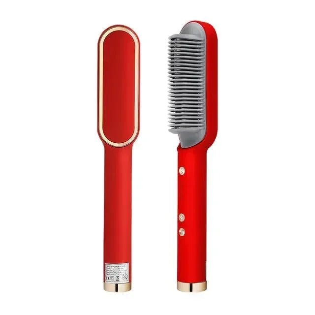 Professional hot comb negative ion hair straightener in use