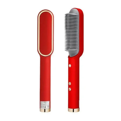 Professional hot comb negative ion hair straightener in use