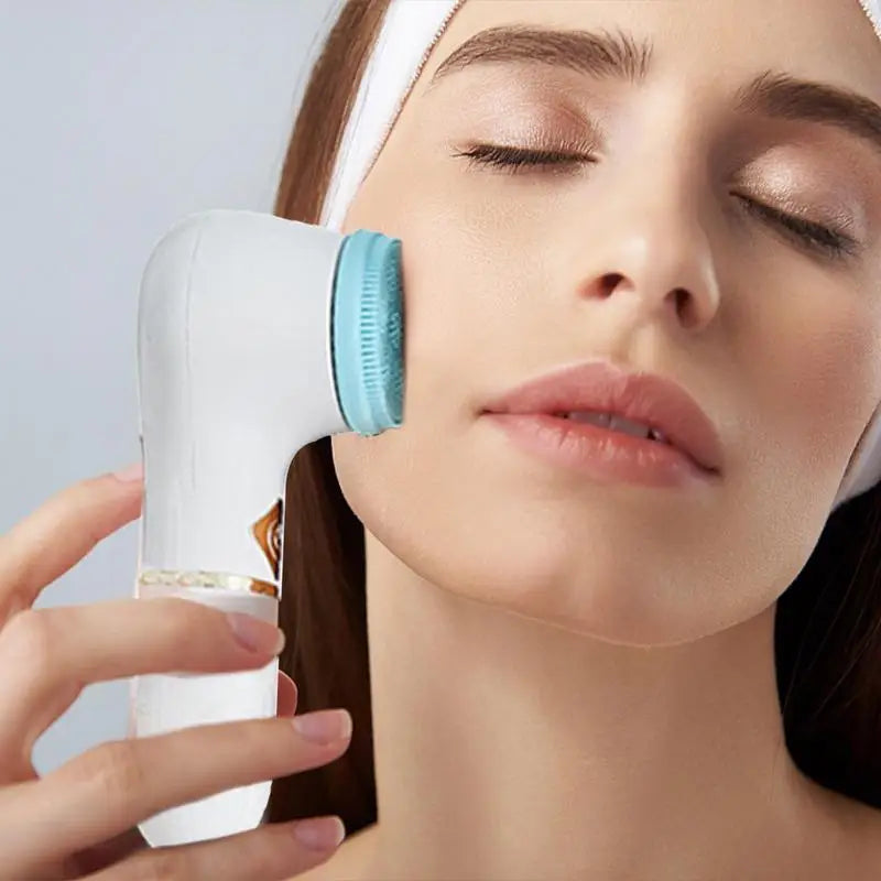 Woman using 3-in-1 silicone face brush for deep cleansing and glowing skin result