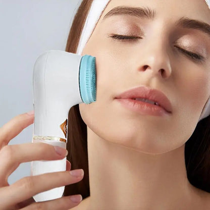 Woman using 3-in-1 silicone face brush for deep cleansing and glowing skin result